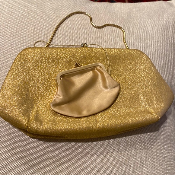 Vintage H L USA Gold Clutch Handbag Purse Wallet kiss closure & attached wallet - Picture 2 of 16